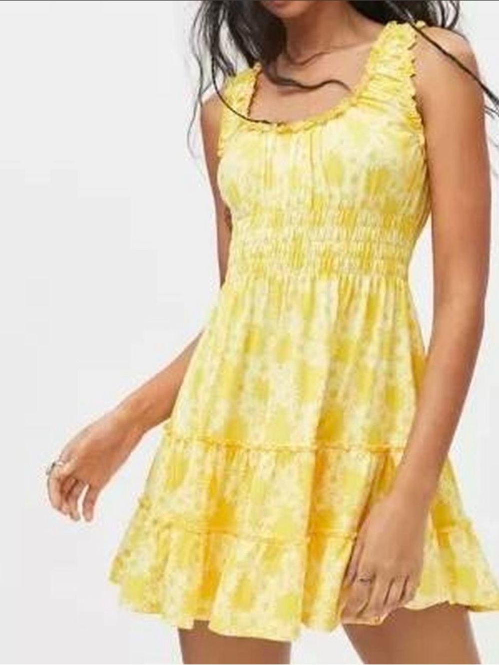Urban Outfitters Lizzy Yellow Floral Smocked Mini Dress | Size Large